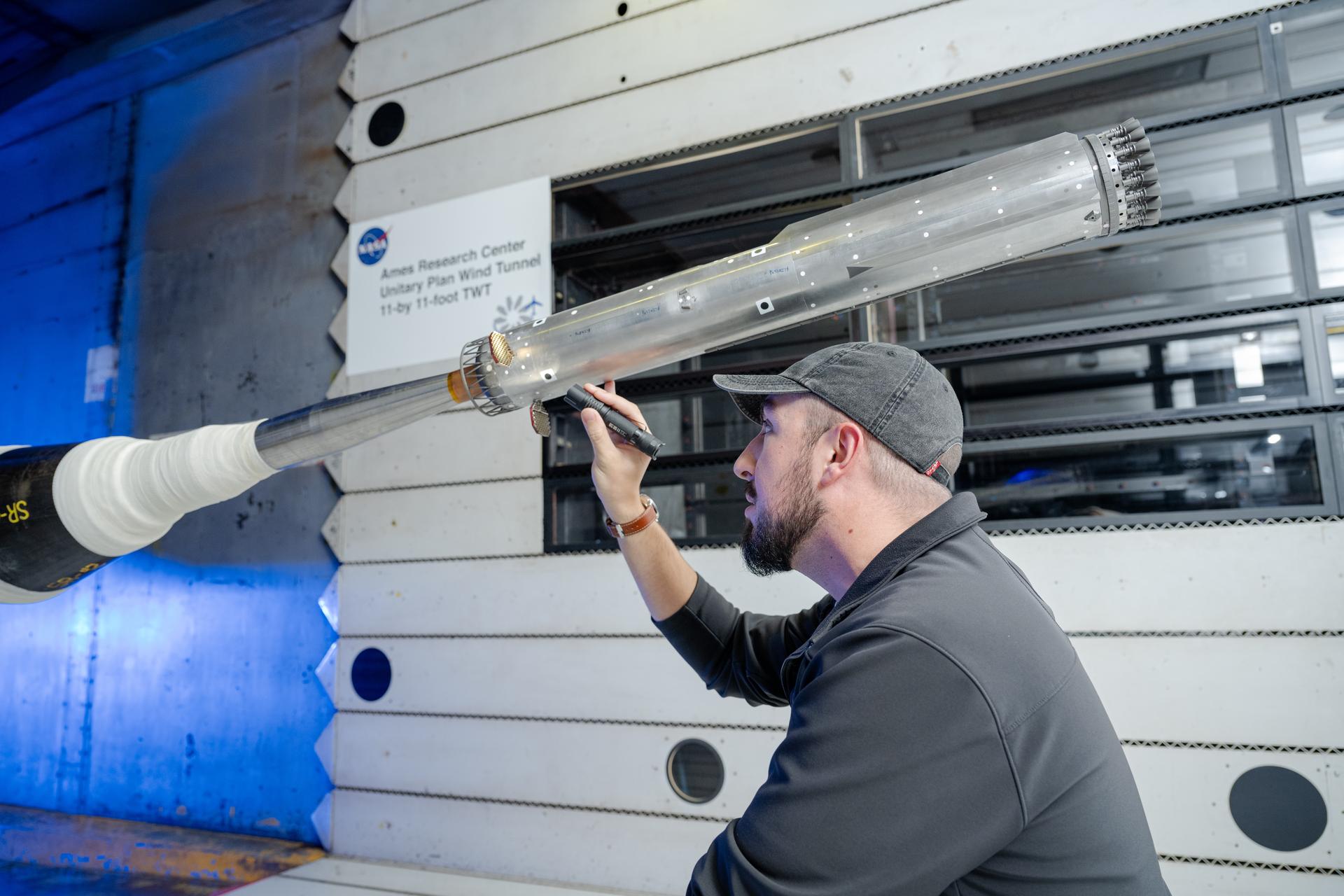 A subscale Starship model undergoing wind tunnel testing at NASA Ames