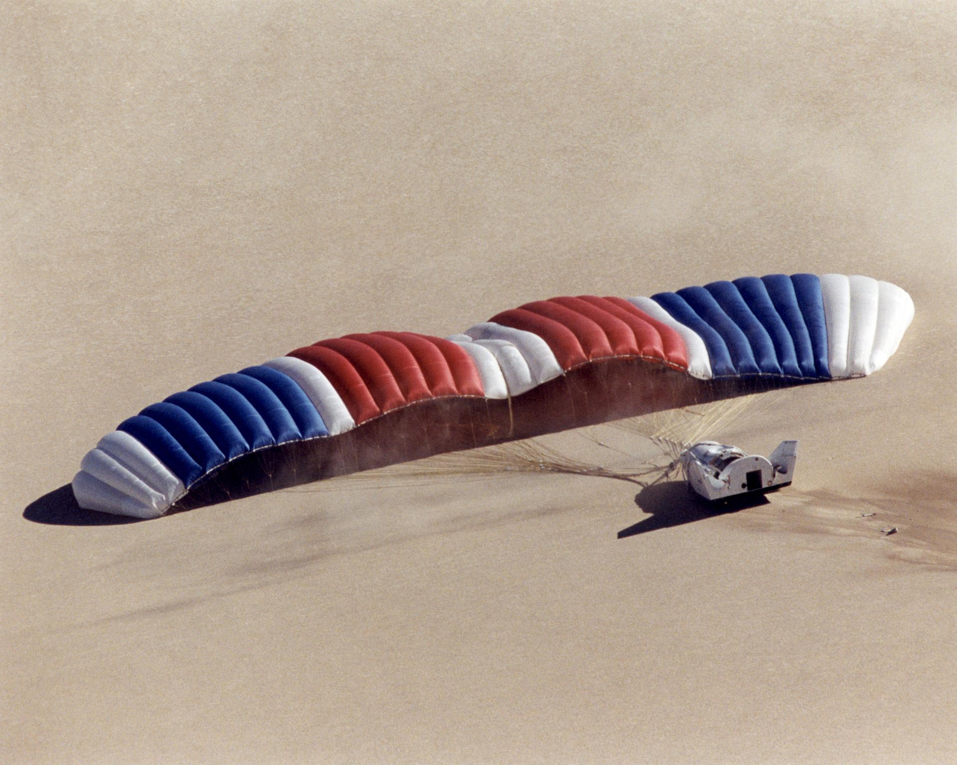 The world's largest parafoil at the time, used by NASA's X-38 programme, deflates after a test landing (NASA)