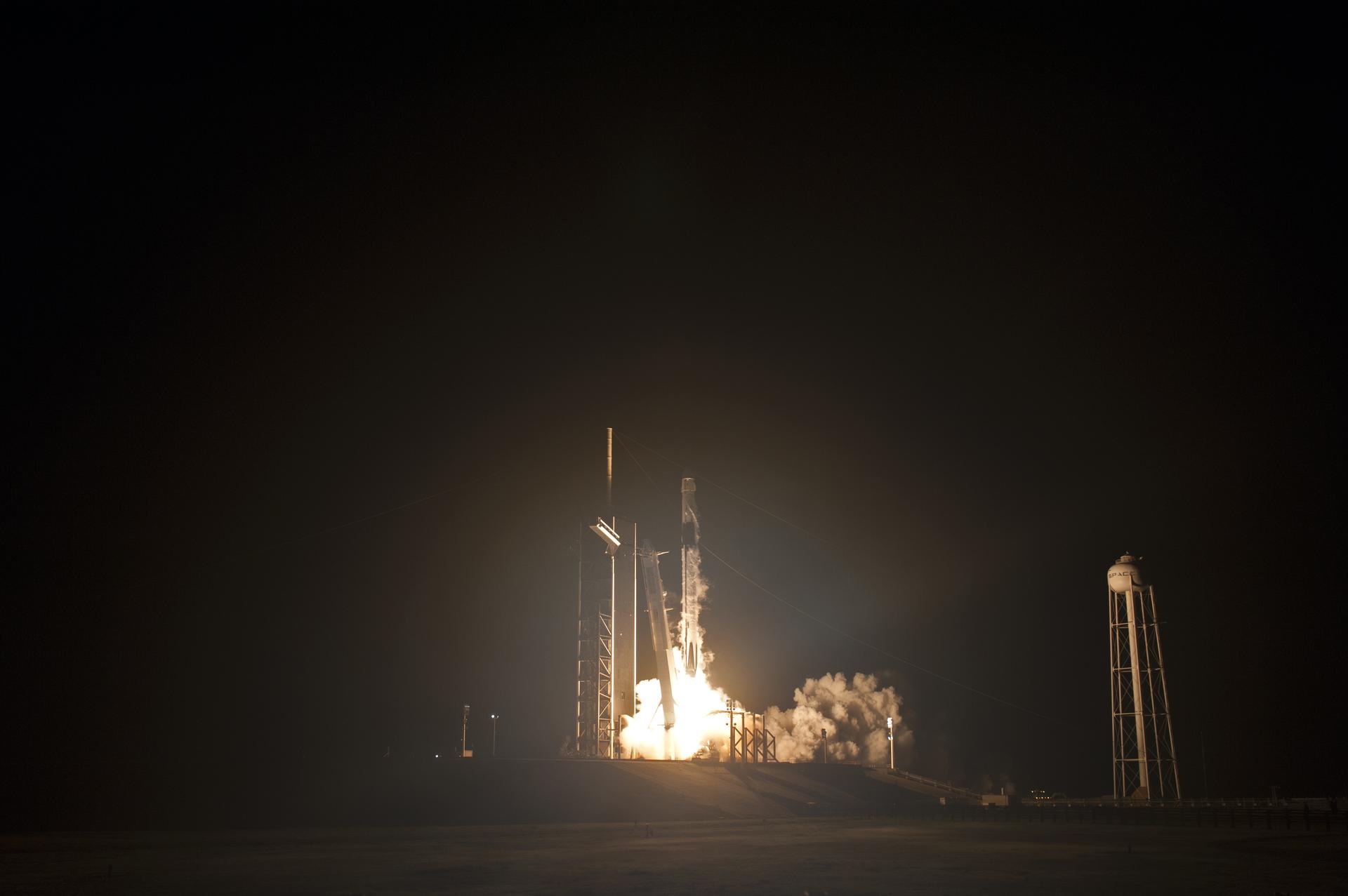 Falcon 9 lifting off on the uncrewed Demo-1 flight to the ISS