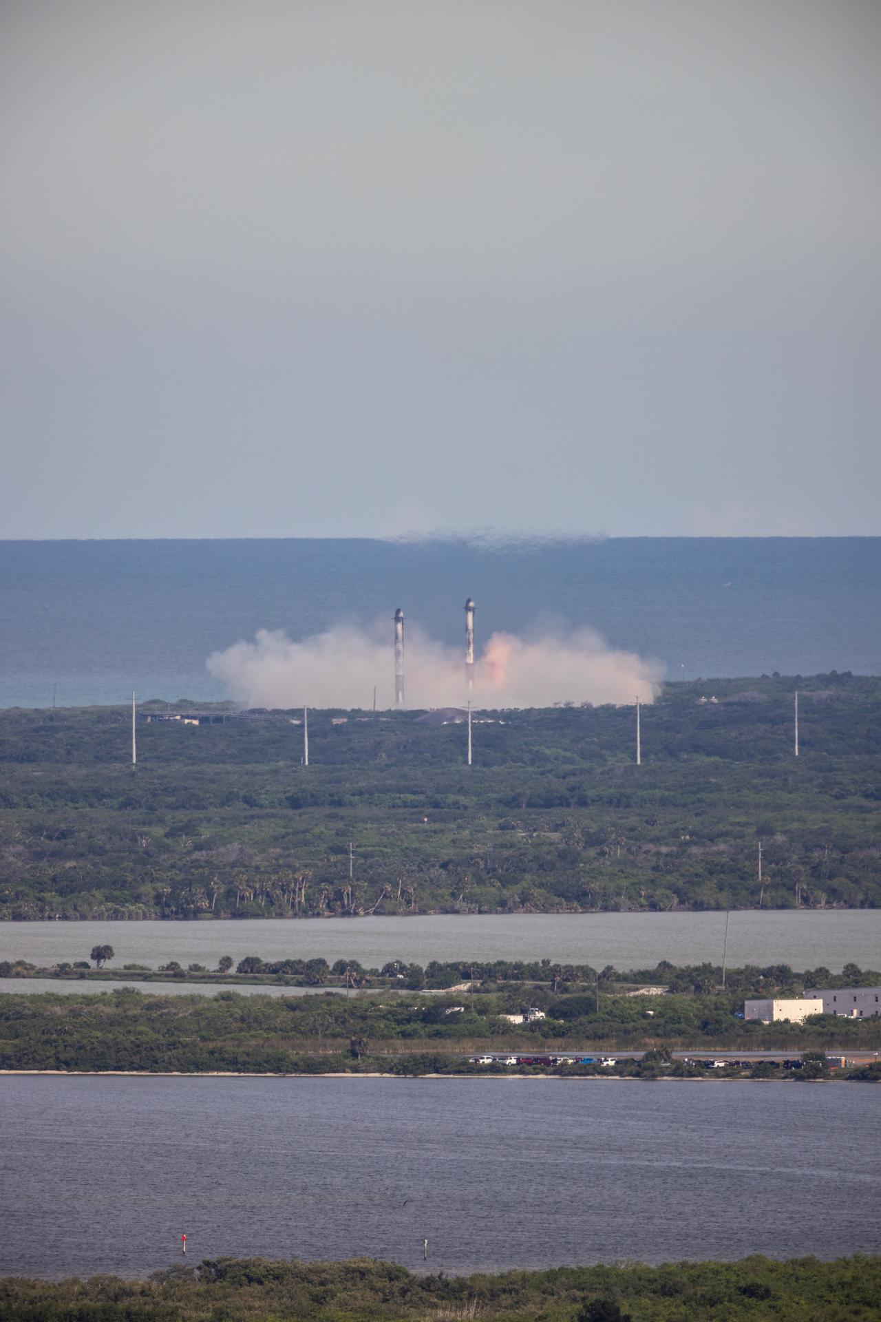 A Falcon 9 first-stage booster returns for landing after the GOES-U launch, June 2024 — engine-out tolerance and reuse made routine (NASA)