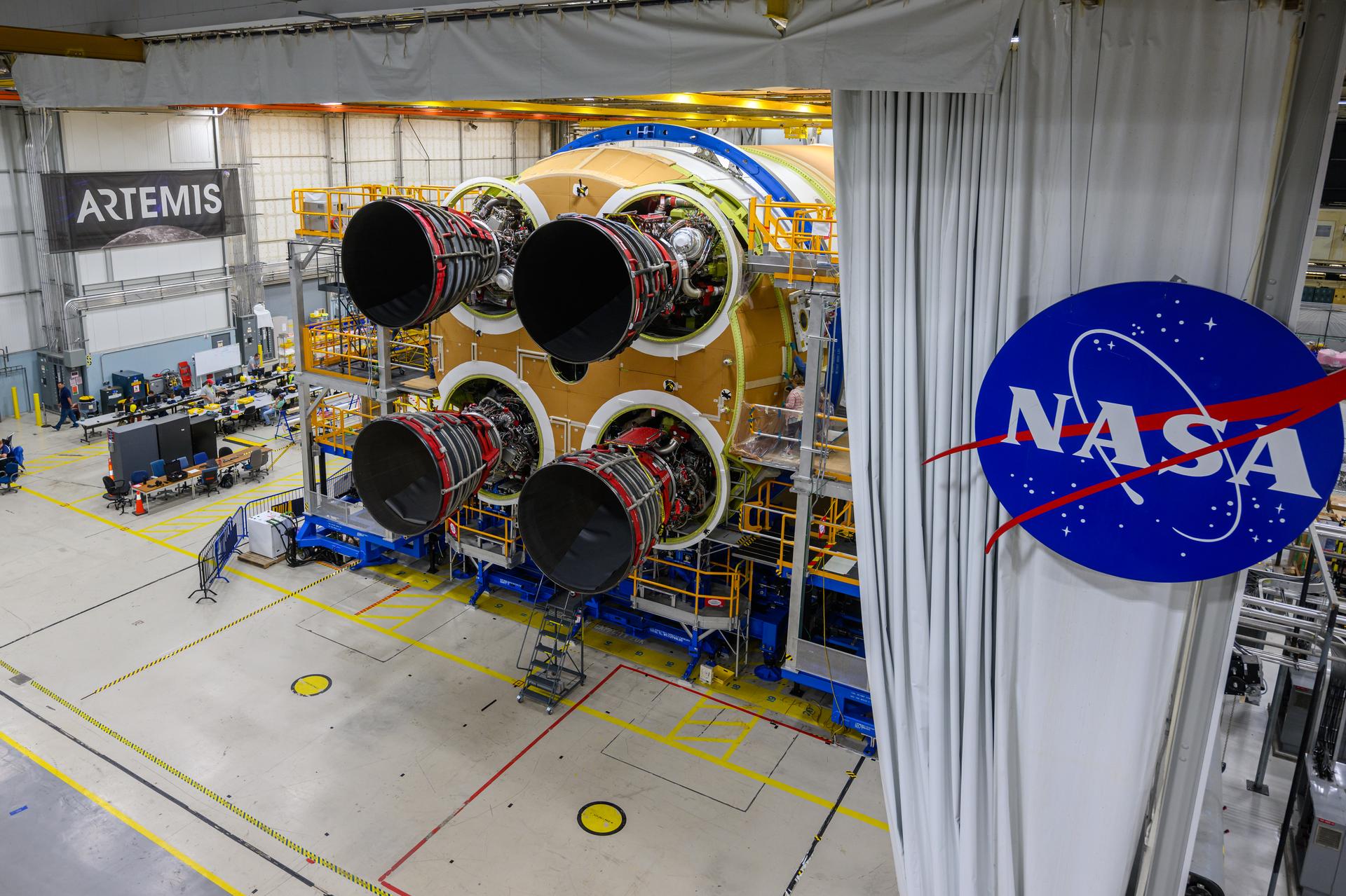 Four RS-25 engines installed on the Artemis II SLS core stage at Michoud (NASA)
