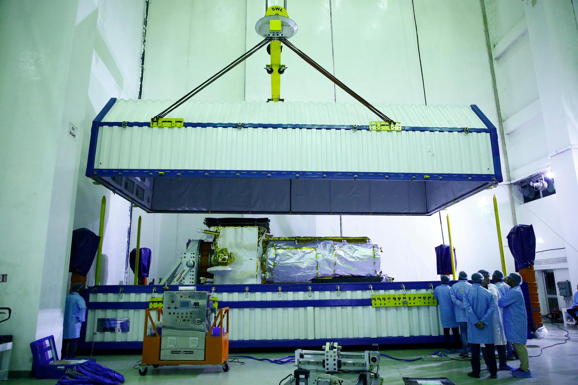 The NISAR spacecraft arrives at the Indian launch site ahead of its GSLV Mk II launch (NASA)