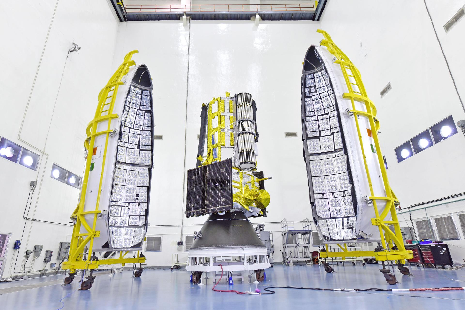The NASA–ISRO NISAR satellite encapsulated in its payload fairing at the ISRO launch site (NASA)