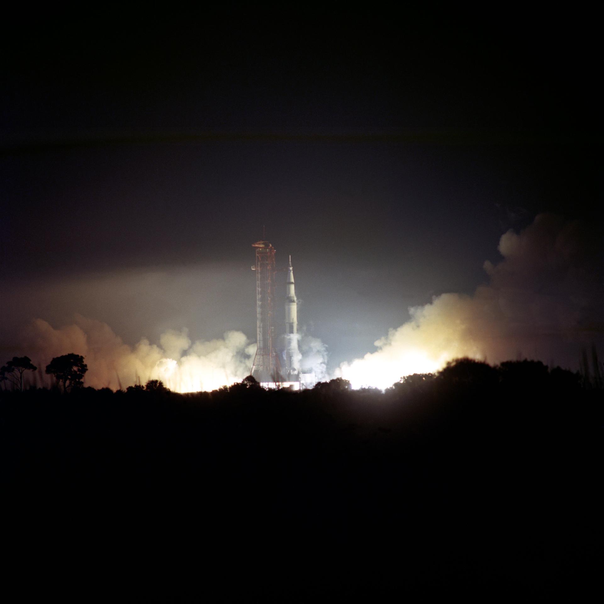 Apollo 17 Saturn V launching at night, the last crewed Saturn V flight