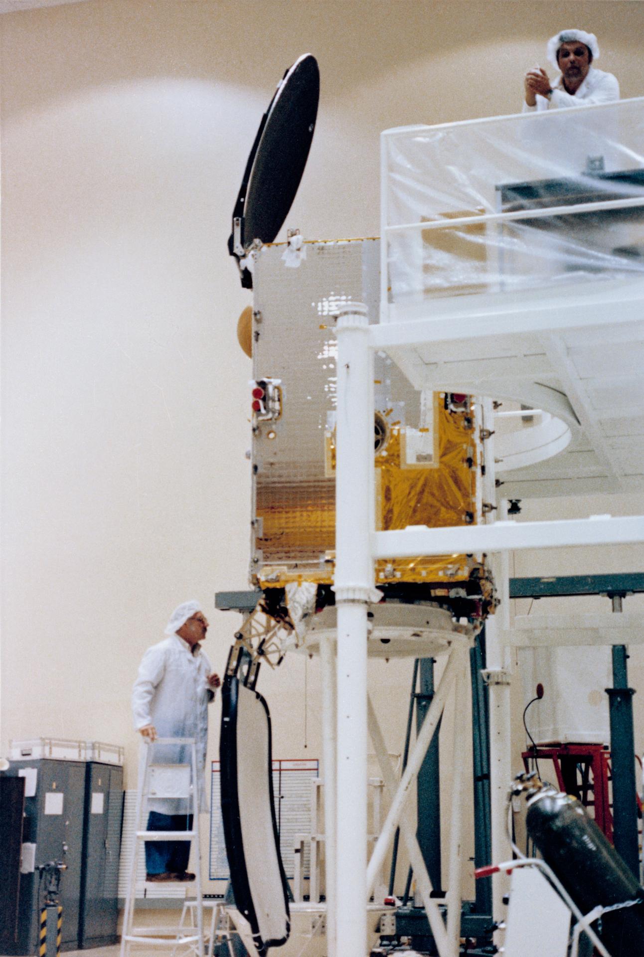 The INSAT communications satellite payload in the Space Shuttle's cargo bay, 1983 — India's early satellites flew on foreign vehicles (NASA)