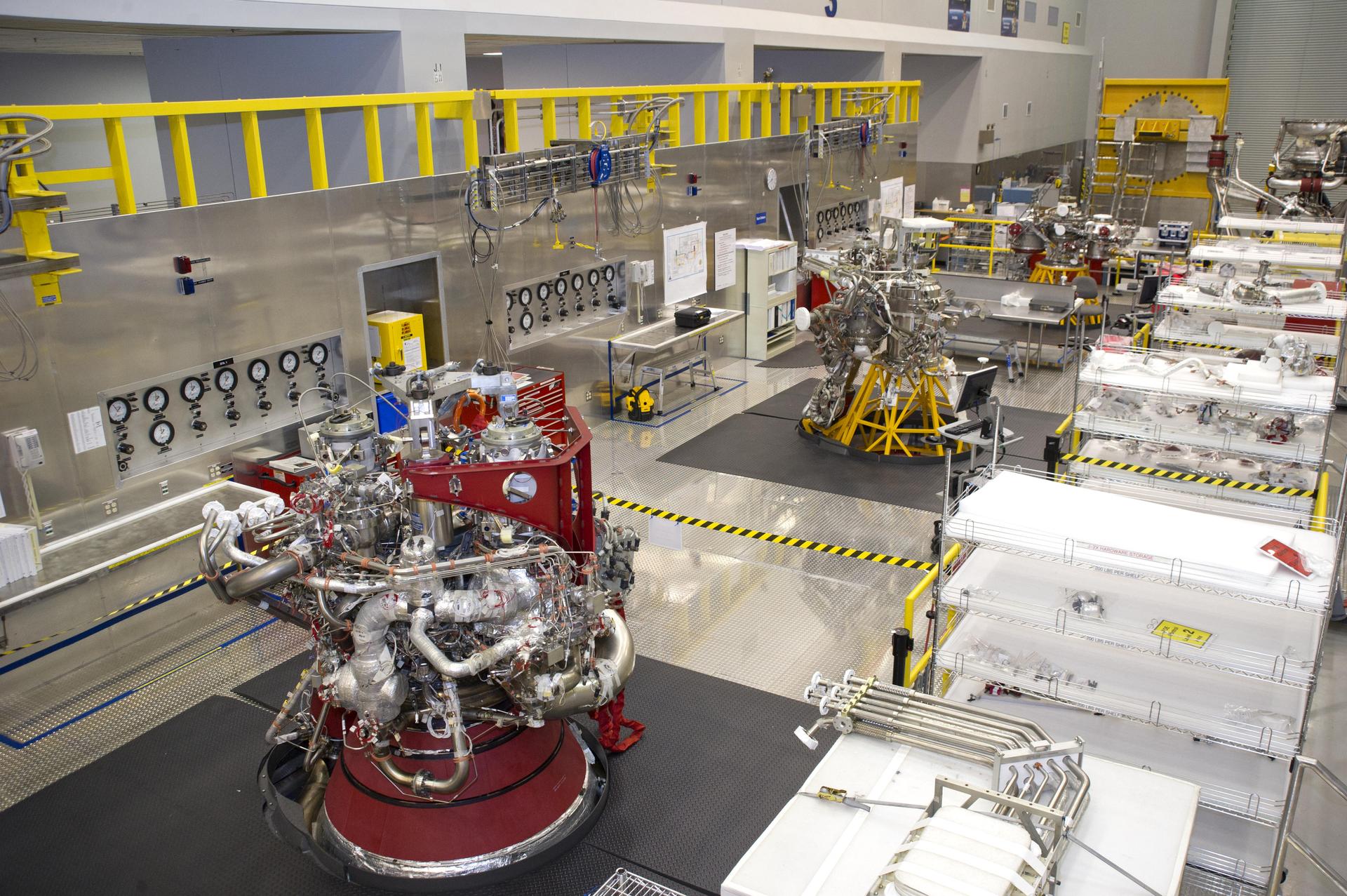 A powerful lineup: NASA's J-2X engine development hardware at Stennis Space Center