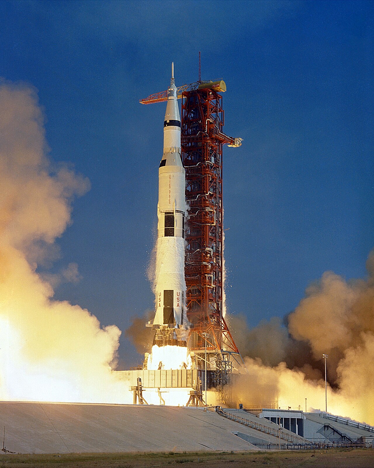 Apollo 11 lifts off aboard a Saturn V, 16 July 1969 (NASA)